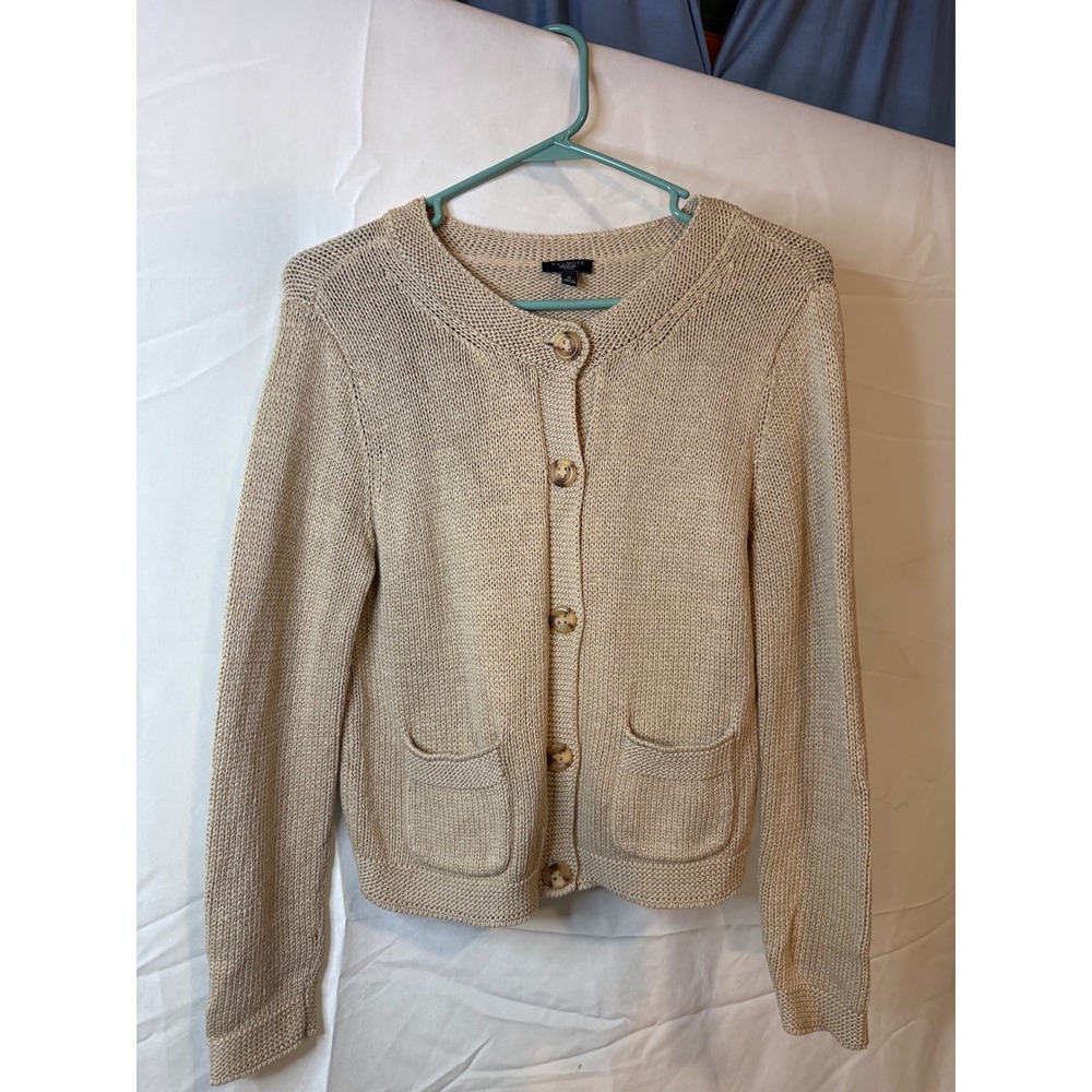 Talbots Petites Cream Knit Cardigan Sweater Petite M Tortoise Shell Button